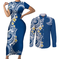 Aloha Polynesian Plumeria Flower Couples Matching Short Sleeve Bodycon Dress and Long Sleeve Button Shirt Blue Color LT03 Blue - Polynesian Pride