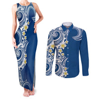 Aloha Polynesian Plumeria Flower Couples Matching Tank Maxi Dress and Long Sleeve Button Shirt Blue Color LT03 Blue - Polynesian Pride