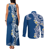 Aloha Polynesian Plumeria Flower Couples Matching Tank Maxi Dress and Long Sleeve Button Shirt Blue Color LT03 - Polynesian Pride