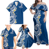 Aloha Polynesian Plumeria Flower Family Matching Off Shoulder Maxi Dress and Hawaiian Shirt Blue Color LT03 - Polynesian Pride