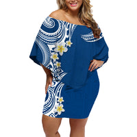 Aloha Polynesian Plumeria Flower Family Matching Off Shoulder Short Dress and Hawaiian Shirt Blue Color