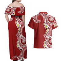 Aloha Polynesian Plumeria Flower Couples Matching Off Shoulder Maxi Dress and Hawaiian Shirt Red Color LT03 - Polynesian Pride