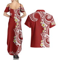 Aloha Polynesian Plumeria Flower Couples Matching Summer Maxi Dress and Hawaiian Shirt Red Color LT03 - Polynesian Pride