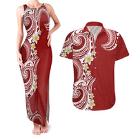 Aloha Polynesian Plumeria Flower Couples Matching Tank Maxi Dress and Hawaiian Shirt Red Color