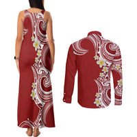 Aloha Polynesian Plumeria Flower Couples Matching Tank Maxi Dress and Long Sleeve Button Shirt Red Color