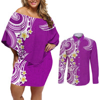 Aloha Polynesian Plumeria Flower Couples Matching Off Shoulder Short Dress and Long Sleeve Button Shirt Purple Color