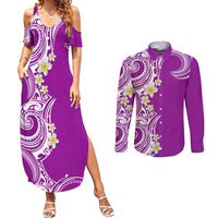 Aloha Polynesian Plumeria Flower Couples Matching Summer Maxi Dress and Long Sleeve Button Shirt Purple Color