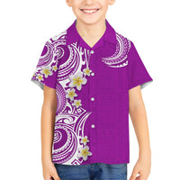 Aloha Polynesian Plumeria Flower Family Matching Short Sleeve Bodycon Dress and Hawaiian Shirt Purple Color