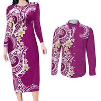 Aloha Polynesian Plumeria Flower Couples Matching Long Sleeve Bodycon Dress and Long Sleeve Button Shirt Pink Color LT03 Pink - Polynesian Pride