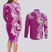 Aloha Polynesian Plumeria Flower Couples Matching Long Sleeve Bodycon Dress and Long Sleeve Button Shirt Pink Color LT03 - Polynesian Pride
