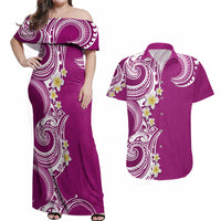 Aloha Polynesian Plumeria Flower Couples Matching Off Shoulder Maxi Dress and Hawaiian Shirt Pink Color LT03 Pink - Polynesian Pride