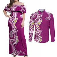 Aloha Polynesian Plumeria Flower Couples Matching Off Shoulder Maxi Dress and Long Sleeve Button Shirt Pink Color LT03 Pink - Polynesian Pride