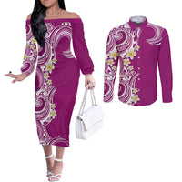 Aloha Polynesian Plumeria Flower Couples Matching Off The Shoulder Long Sleeve Dress and Long Sleeve Button Shirt Pink Color LT03 Pink - Polynesian Pride