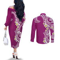 Aloha Polynesian Plumeria Flower Couples Matching Off The Shoulder Long Sleeve Dress and Long Sleeve Button Shirt Pink Color LT03 - Polynesian Pride