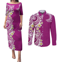 Aloha Polynesian Plumeria Flower Couples Matching Puletasi and Long Sleeve Button Shirt Pink Color