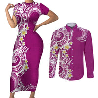 Aloha Polynesian Plumeria Flower Couples Matching Short Sleeve Bodycon Dress and Long Sleeve Button Shirt Pink Color LT03 Pink - Polynesian Pride