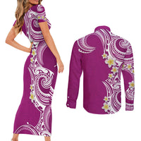Aloha Polynesian Plumeria Flower Couples Matching Short Sleeve Bodycon Dress and Long Sleeve Button Shirt Pink Color LT03 - Polynesian Pride