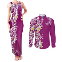 Aloha Polynesian Plumeria Flower Couples Matching Tank Maxi Dress and Long Sleeve Button Shirt Pink Color LT03 Pink - Polynesian Pride