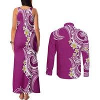 Aloha Polynesian Plumeria Flower Couples Matching Tank Maxi Dress and Long Sleeve Button Shirt Pink Color LT03 - Polynesian Pride