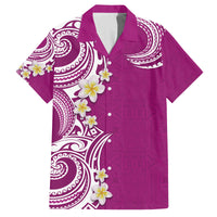 Aloha Polynesian Plumeria Flower Family Matching Long Sleeve Bodycon Dress and Hawaiian Shirt Pink Color