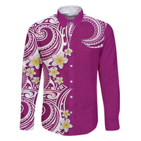 Aloha Polynesian Plumeria Flower Family Matching Off Shoulder Maxi Dress and Hawaiian Shirt Pink Color LT03 Dad's Shirt - Long Sleeve Pink - Polynesian Pride