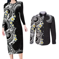 Aloha Polynesian Plumeria Flower Couples Matching Long Sleeve Bodycon Dress and Long Sleeve Button Shirt Black White Color LT03 Black - Polynesian Pride