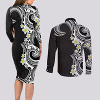 Aloha Polynesian Plumeria Flower Couples Matching Long Sleeve Bodycon Dress and Long Sleeve Button Shirt Black White Color LT03 - Polynesian Pride