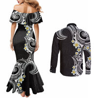 Aloha Polynesian Plumeria Flower Couples Matching Mermaid Dress and Long Sleeve Button Shirt Black White Color LT03 - Polynesian Pride