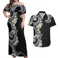 Aloha Polynesian Plumeria Flower Couples Matching Off Shoulder Maxi Dress and Hawaiian Shirt Black White Color LT03 Black - Polynesian Pride