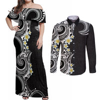 Aloha Polynesian Plumeria Flower Couples Matching Off Shoulder Maxi Dress and Long Sleeve Button Shirt Black White Color LT03 Black - Polynesian Pride