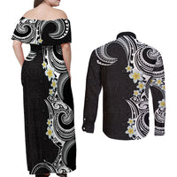 Aloha Polynesian Plumeria Flower Couples Matching Off Shoulder Maxi Dress and Long Sleeve Button Shirt Black White Color LT03 - Polynesian Pride