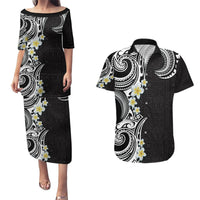 Aloha Polynesian Plumeria Flower Couples Matching Puletasi and Hawaiian Shirt Black White Color LT03 Black - Polynesian Pride