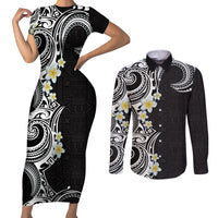 Aloha Polynesian Plumeria Flower Couples Matching Short Sleeve Bodycon Dress and Long Sleeve Button Shirt Black White Color LT03 Black - Polynesian Pride