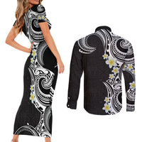 Aloha Polynesian Plumeria Flower Couples Matching Short Sleeve Bodycon Dress and Long Sleeve Button Shirt Black White Color LT03 - Polynesian Pride