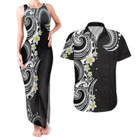 Aloha Polynesian Plumeria Flower Couples Matching Tank Maxi Dress and Hawaiian Shirt Black White Color