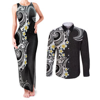 Aloha Polynesian Plumeria Flower Couples Matching Tank Maxi Dress and Long Sleeve Button Shirt Black White Color LT03 Black - Polynesian Pride