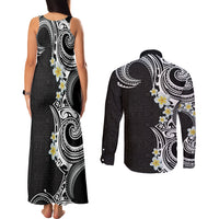 Aloha Polynesian Plumeria Flower Couples Matching Tank Maxi Dress and Long Sleeve Button Shirt Black White Color LT03 - Polynesian Pride