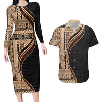 Samoa Siapo Motif and Tapa Pattern Half Style Couples Matching Long Sleeve Bodycon Dress and Hawaiian Shirt Beige Color LT03 Beige - Polynesian Pride