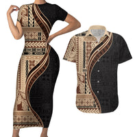 Samoa Siapo Motif and Tapa Pattern Half Style Couples Matching Short Sleeve Bodycon Dress and Hawaiian Shirt Beige Color LT03 Beige - Polynesian Pride