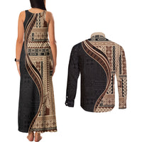 Samoa Siapo Motif and Tapa Pattern Half Style Couples Matching Tank Maxi Dress and Long Sleeve Button Shirt Beige Color LT03 - Polynesian Pride