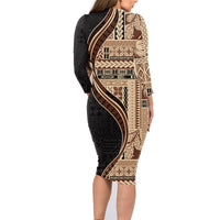 Samoa Siapo Motif and Tapa Pattern Half Style Family Matching Long Sleeve Bodycon Dress and Hawaiian Shirt Beige Color LT03 - Polynesian Pride