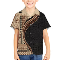 Samoa Siapo Motif and Tapa Pattern Half Style Family Matching Off The Shoulder Long Sleeve Dress and Hawaiian Shirt Beige Color LT03 Son's Shirt Beige - Polynesian Pride