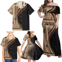 Samoa Siapo Motif and Tapa Pattern Half Style Family Matching Off Shoulder Maxi Dress and Hawaiian Shirt Beige Color LT03 - Polynesian Pride