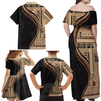 Samoa Siapo Motif and Tapa Pattern Half Style Family Matching Off Shoulder Maxi Dress and Hawaiian Shirt Beige Color LT03 - Polynesian Pride