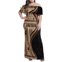 Samoa Siapo Motif and Tapa Pattern Half Style Family Matching Off Shoulder Maxi Dress and Hawaiian Shirt Beige Color LT03 Mom's Dress Beige - Polynesian Pride