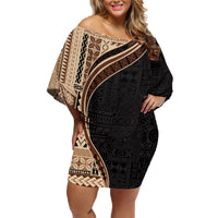 Samoa Siapo Motif and Tapa Pattern Half Style Family Matching Off Shoulder Short Dress and Hawaiian Shirt Beige Color LT03 Mom's Dress Beige - Polynesian Pride