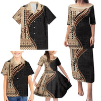 Samoa Siapo Motif and Tapa Pattern Half Style Family Matching Puletasi and Hawaiian Shirt Beige Color LT03 - Polynesian Pride