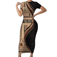 Samoa Siapo Motif and Tapa Pattern Half Style Family Matching Short Sleeve Bodycon Dress and Hawaiian Shirt Beige Color LT03 Mom's Dress Beige - Polynesian Pride