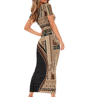 Samoa Siapo Motif and Tapa Pattern Half Style Family Matching Short Sleeve Bodycon Dress and Hawaiian Shirt Beige Color LT03 - Polynesian Pride