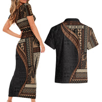Samoa Siapo Motif and Tapa Pattern Half Style Couples Matching Short Sleeve Bodycon Dress and Hawaiian Shirt Black Color LT03 - Polynesian Pride
